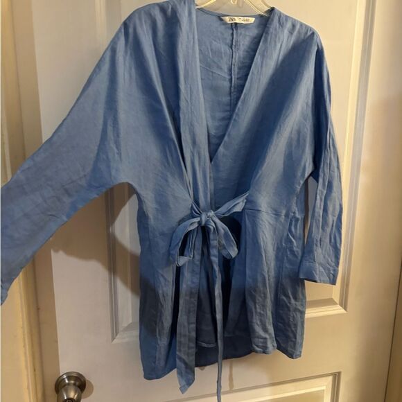 Zara Linen Blue Wrap Top sz L - Picture 4 of 5
